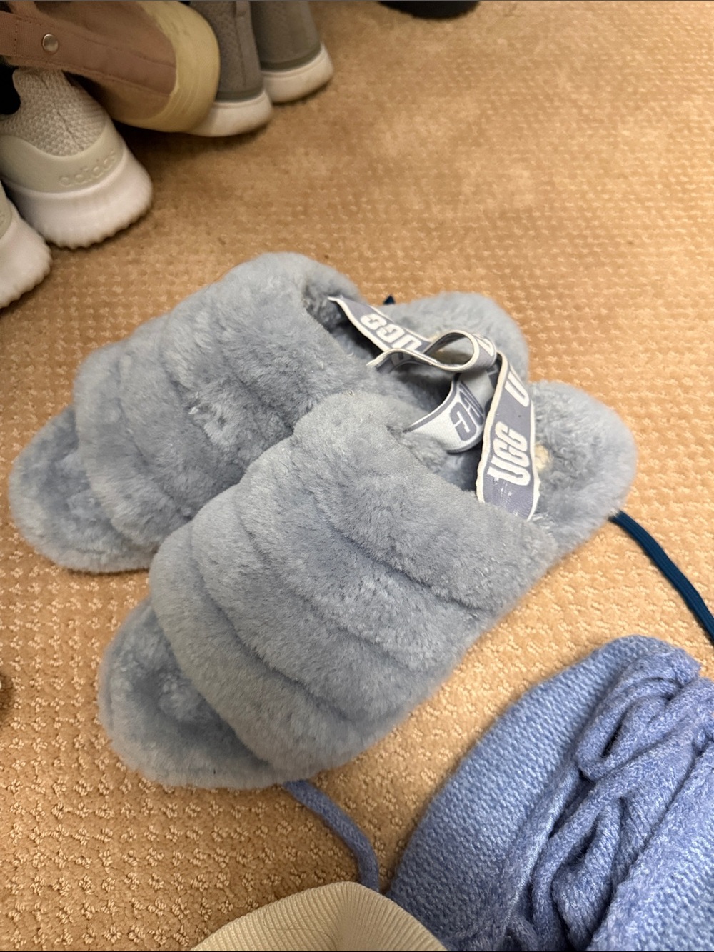 UGG Light Blue Fluff Slide with Branded Strap